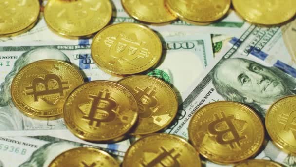 Bitcoin incandescenti con nuove banconote — Video Stock
