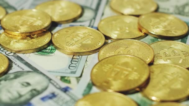 Bitcoins de ouro brilhante com dólares — Vídeo de Stock