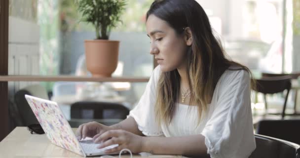 Serieuze jonge vrouw die werkt op een laptop — Stockvideo