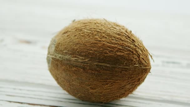 Неочищенный коричневый кокос на столе — стоковое видео