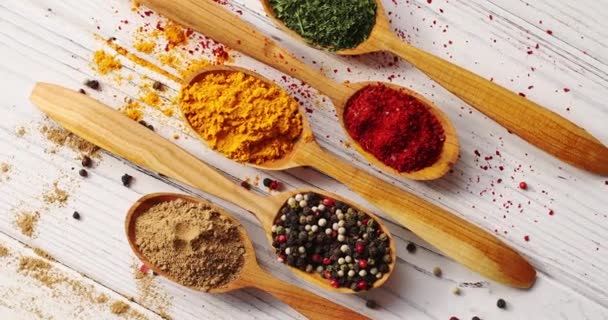 Spoons with colorful mix of spices — Stock Video