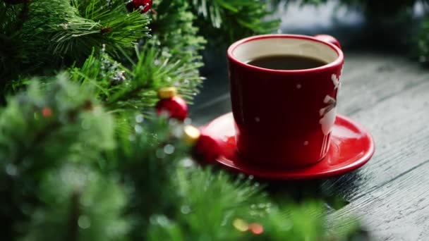 Hot beverage near decorated conifer branches — Stock Video