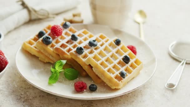 Waffles and berries on plate — Stock Video