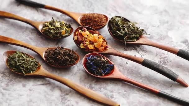 Cucharas con diferentes tipos de hojas de té seco . — Vídeos de Stock