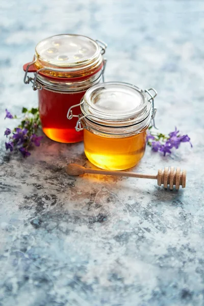 Pots avec différents types de miel bio frais — Photo