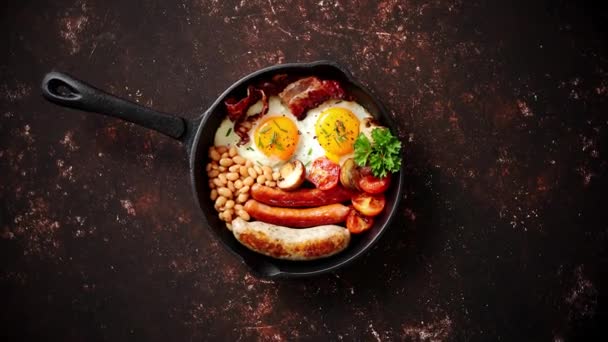 Delicious english breakfast in iron cooking pan Video Clip