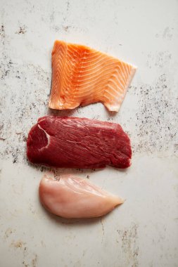 Fresh raw beef steak, chicken breast, and salmon fillet clipart