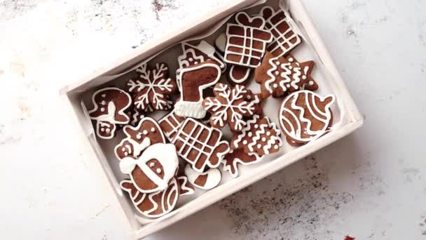 Collection Various Shaped Gingerbread Christmas Cookies Placed White Wooden Crate — Stock Video