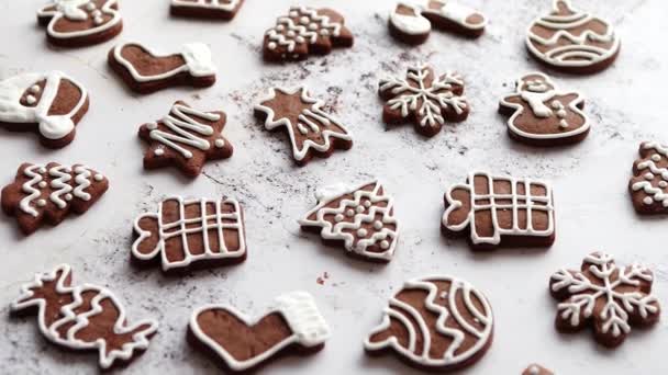 Çeşitli Noel sembolleriyle şekillendirilmiş lezzetli zencefilli kurabiyelerin bileşimi — Stok video