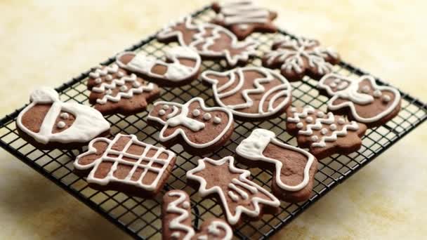Biscoitos de gengibre em forma de Natal cozidos no forno fresco colocados na grelha de aço — Vídeo de Stock