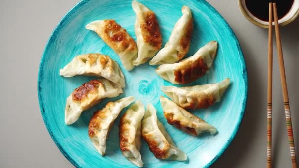 Traditionella asiatiska dumplings Gyozas på turkos keramiska platta — Stockvideo