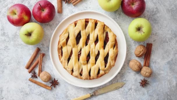 Νόστιμο γλυκό σπιτικό κέικ μηλόπιτας με ξυλάκια κανέλας, καρύδια και μήλα — Αρχείο Βίντεο