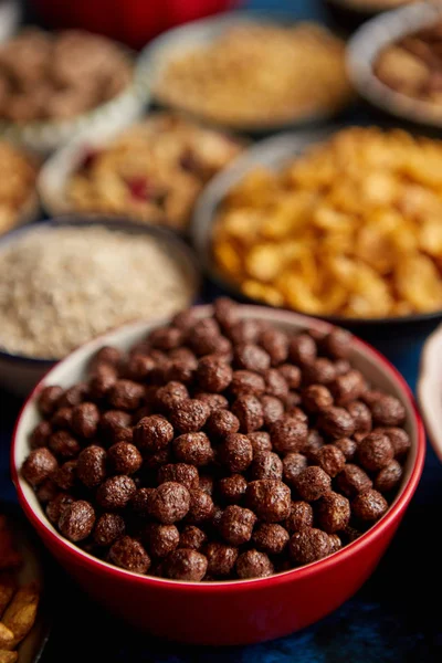 Assortiment de différentes sortes de céréales placées dans des bols en céramique sur la table — Photo