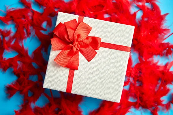 Caja con un regalo, atada con una cinta colocada sobre plumas rojas —  Fotos de Stock