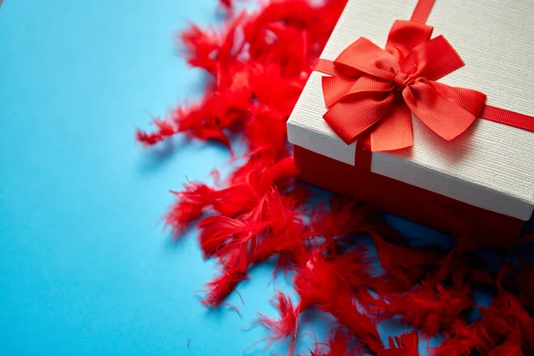 Caja con un regalo, atada con una cinta colocada sobre plumas rojas —  Fotos de Stock