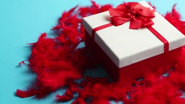 Box with a gift, tied with a ribbon placed on red feathers — Stock Video