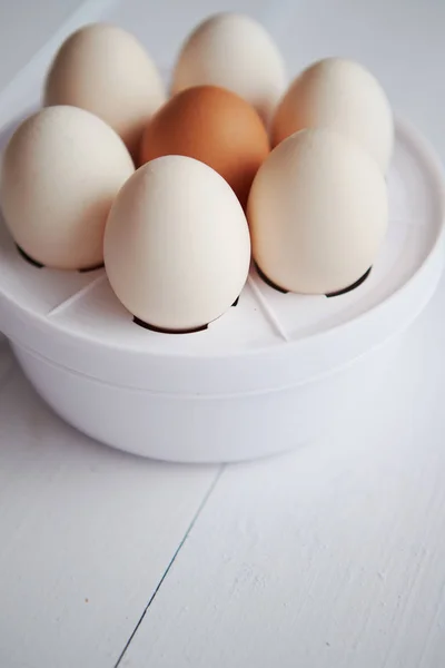 Куриные яйца в яйцо электрическая плита на белом деревянном столе — стоковое фото