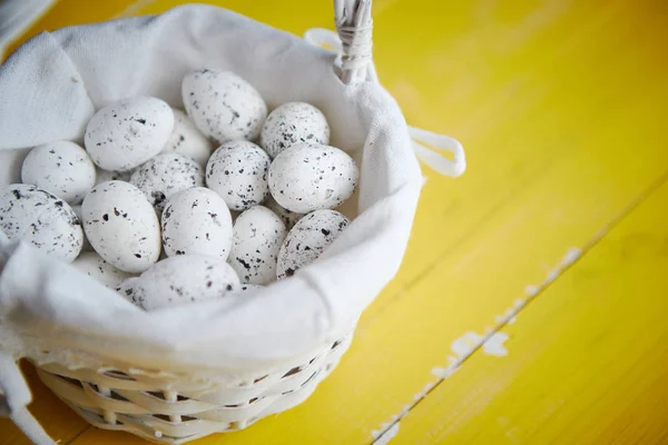 Vaktelägg i vit korg. Begreppet påskhelgen — Stockfoto