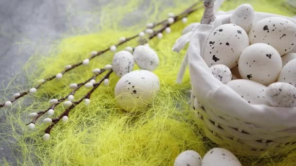 Oeufs en pointillés blancs de Pâques dans le nid et herbe jaune printanière — Video