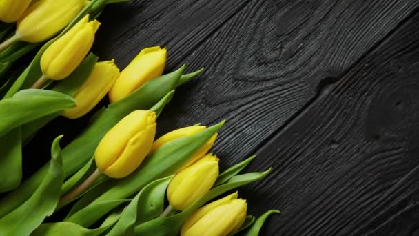 Samenstelling van verse gele tulpen in rij op zwarte rustieke houten tafel geplaatst — Stockvideo