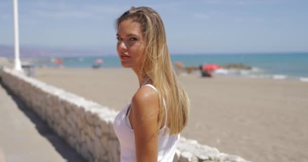 Modèle sensuel marchant sur le littoral — Video