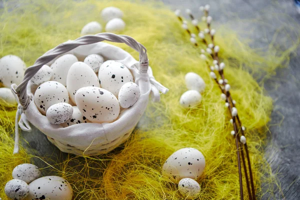 Easter vit prickig ägg i boet och våren gult gräs — Stockfoto