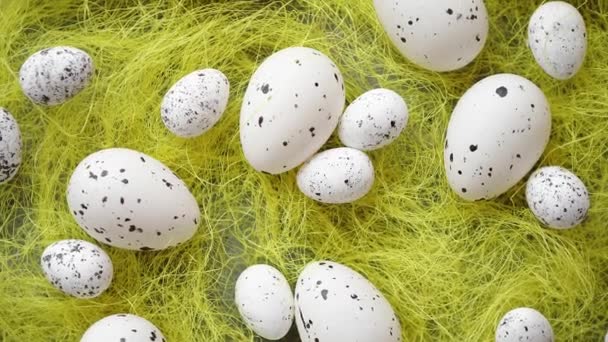 Білі великодні яйця з веснянками, поміщені на жовтий сіно . — стокове відео