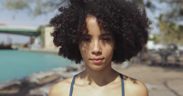 Affascinante ragazza nera sorridente alla fotocamera — Video Stock