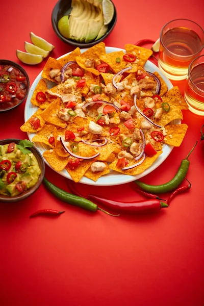 Une assiette de délicieux nachos tortilla avec sauce au fromage fondu, poulet grillé — Photo