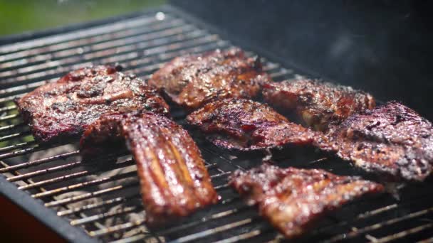 Sabrosas costillas cocinando en la parrilla barbacoa para la fiesta al aire libre de verano — Vídeos de Stock