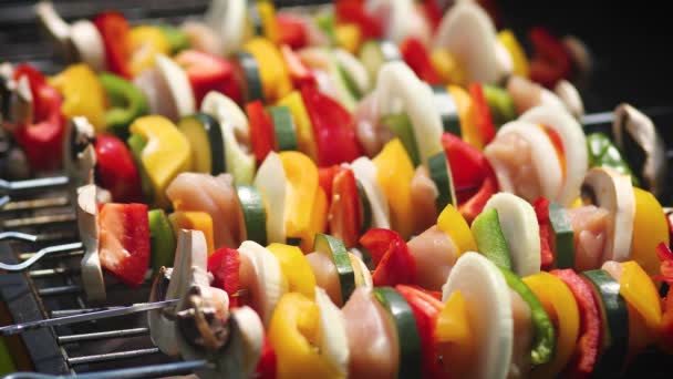 Shashliks grillés colorés et savoureux sur barbecue extérieur d'été — Video