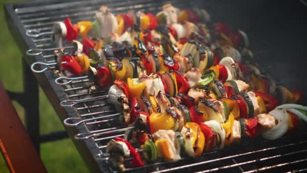 Te gaar en verbrand shashliks op hete barbecue grill — Stockvideo