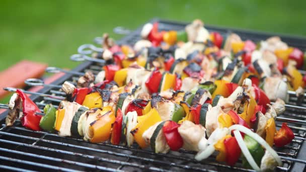 Te gaar en verbrand shashliks op hete barbecue grill — Stockvideo