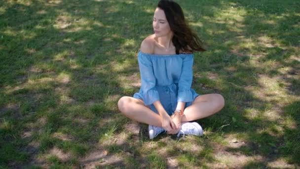 Retrato de mujer morena atractiva en vestido azul sentado en un parque — Vídeo de stock