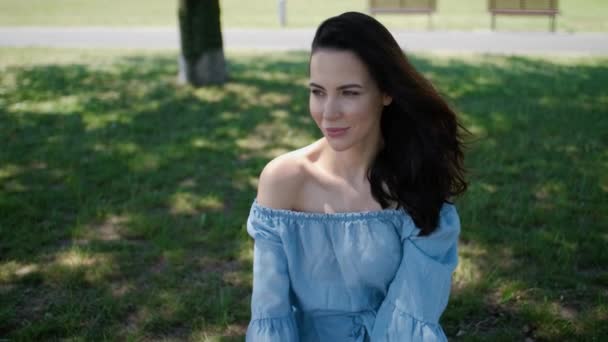 Retrato de mujer morena atractiva en vestido azul sentado en un parque — Vídeo de stock