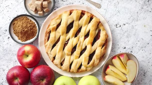 Köstlicher Apfelkuchen mit frischem Obst, braunem Zucker und Puderzucker — Stockvideo