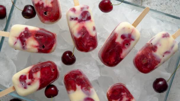 Paletas de helado caseras, deliciosas, de cereza y leche colocadas en una bandeja de vidrio llena de cubitos de hielo — Vídeo de stock