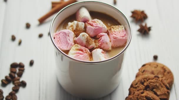 Tasse heiße Schokolade oder Kakao mit Marshmallows — Stockvideo