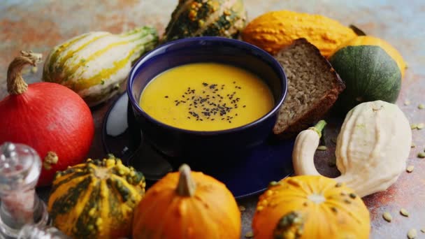 用秋天的经典食物作曲.味道鲜美的自制南瓜汤，配以黑种子 — 图库视频影像