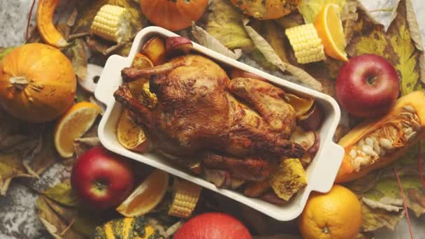 추수감사절에 흰 오펜 접시에 구운 구운 구운 맛있는 닭고기 와계 절에 나오는 채소 수확 — 비디오