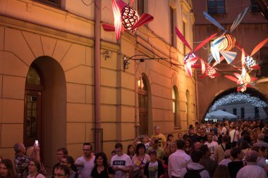 Lublin, Polonya, 6.02.2018: uçan balık sanat tesisat yanında kültür gece programının bir parçası olan jaroslaw koziara