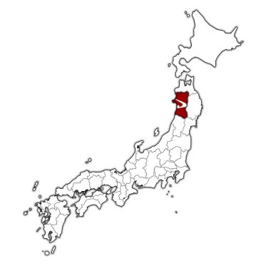 akita ili idari birimleri ve Japonya sınırları haritada bayrağı