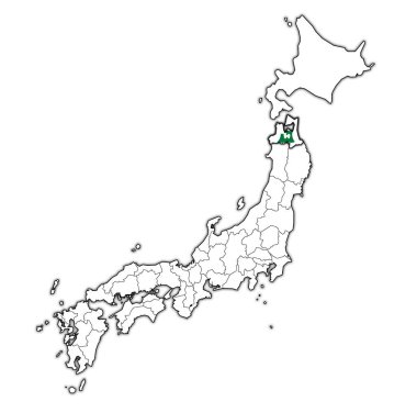 aomori ili idari birimleri ve Japonya sınırları haritada bayrağı