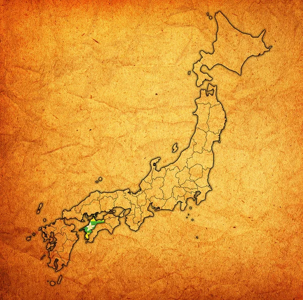 爱媛县的旗子在地图以日本的行政区划和边界 — 图库照片