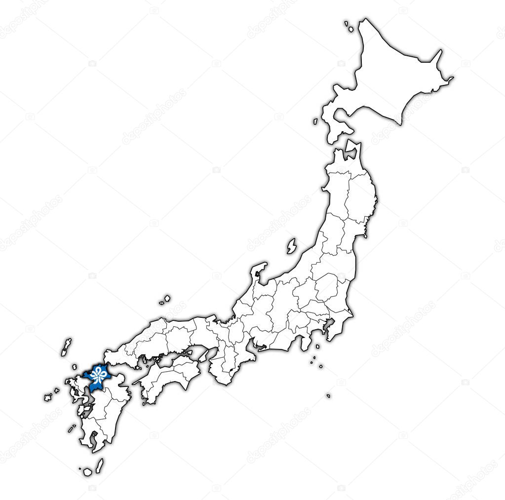 flag of fukuoka prefecture on map with administrative divisions and borders of japan