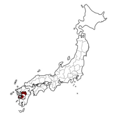 Kumamoto Troms ili idari birimleri ve Japonya sınırları haritada bayrağı