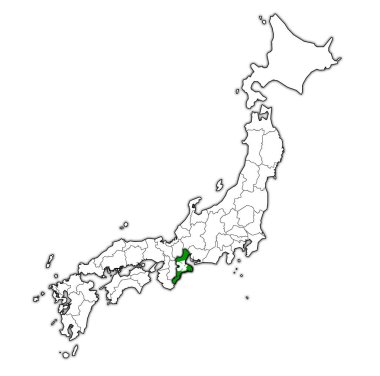 Mie Troms ili idari birimleri ve Japonya sınırları haritada bayrağı