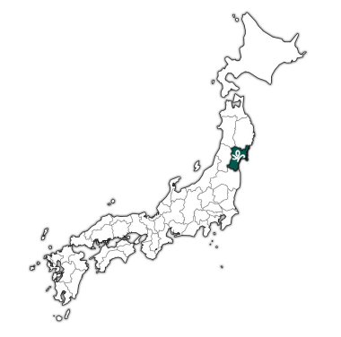 Miyagi Troms ili idari birimleri ve Japonya sınırları haritada bayrağı