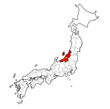 niigata ili idari birimleri ve Japonya sınırları haritada bayrağı