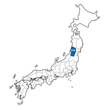 yamagata ili idari birimleri ve Japonya sınırları haritada bayrağı
